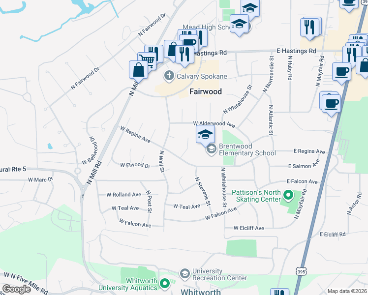 map of restaurants, bars, coffee shops, grocery stores, and more near 11617 North Howard Court in Spokane