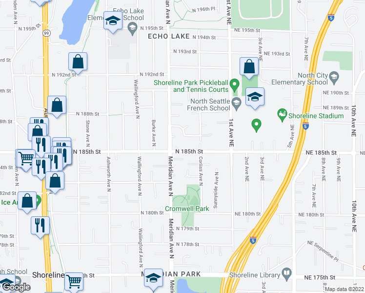 map of restaurants, bars, coffee shops, grocery stores, and more near 2117 North 185th Street in Shoreline