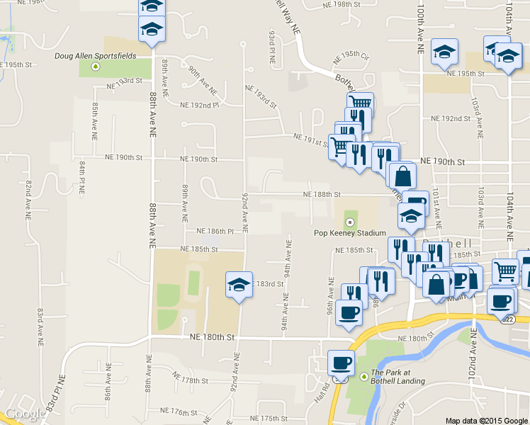 map of restaurants, bars, coffee shops, grocery stores, and more near 18638 92nd Avenue Northeast in Bothell