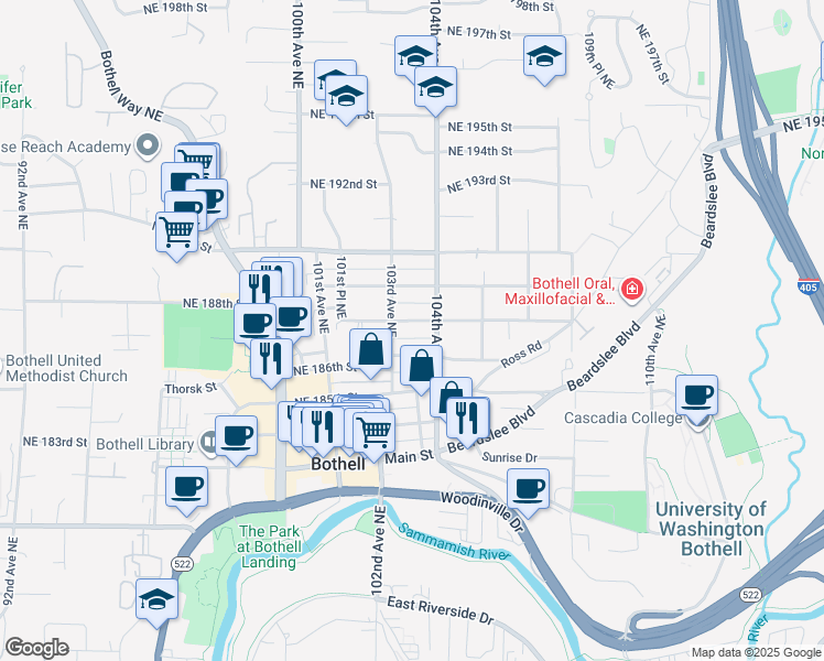 map of restaurants, bars, coffee shops, grocery stores, and more near 10315 Northeast 187th Street in Bothell
