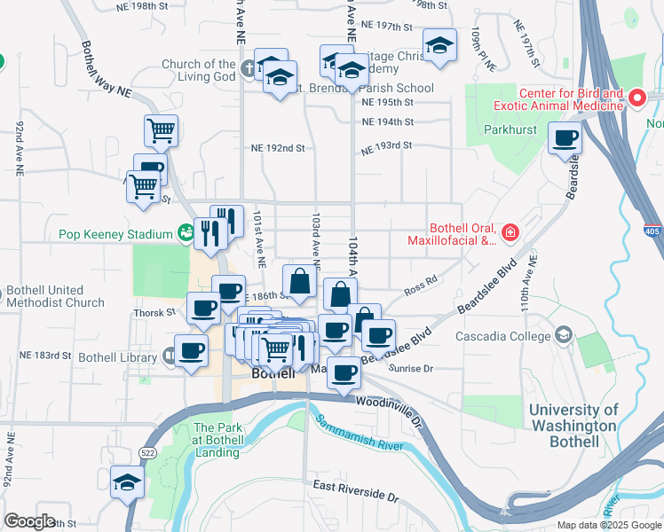 map of restaurants, bars, coffee shops, grocery stores, and more near 10324 Northeast 186th Street in Bothell