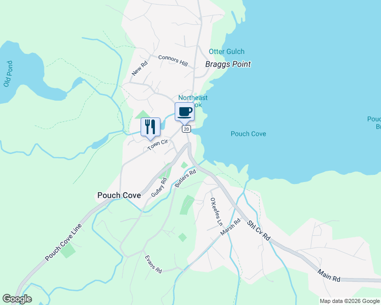 map of restaurants, bars, coffee shops, grocery stores, and more near 152 Town Circle in Pouch Cove