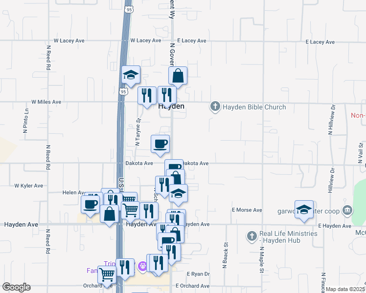 map of restaurants, bars, coffee shops, grocery stores, and more near 10102 North Government Way in Hayden