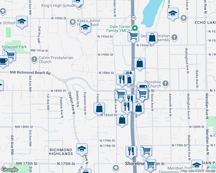 map of restaurants, bars, coffee shops, grocery stores, and more near 738 North 185th Street in Shoreline