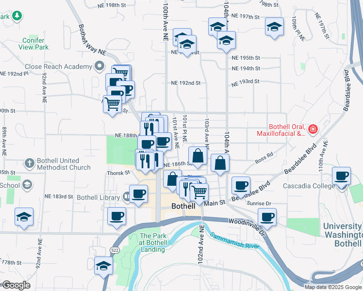 map of restaurants, bars, coffee shops, grocery stores, and more near 10116 Northeast 186th Street in Bothell