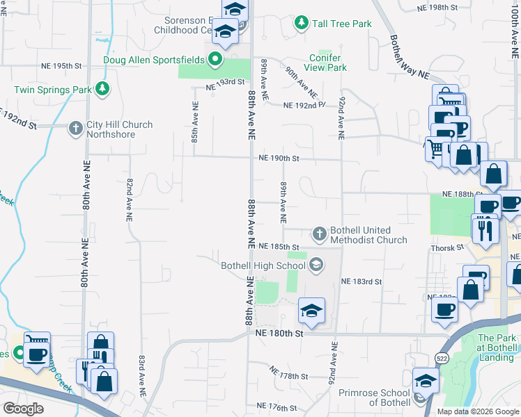 map of restaurants, bars, coffee shops, grocery stores, and more near 8805 Northeast 186th Place in Bothell