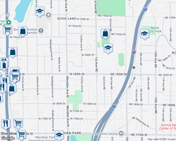map of restaurants, bars, coffee shops, grocery stores, and more near 2329 North 185th Street in Shoreline