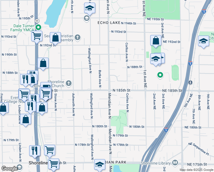 map of restaurants, bars, coffee shops, grocery stores, and more near 1851 North 185th Street in Shoreline