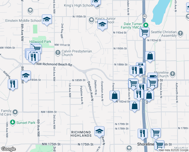 map of restaurants, bars, coffee shops, grocery stores, and more near 18360 Dayton Avenue North in Shoreline