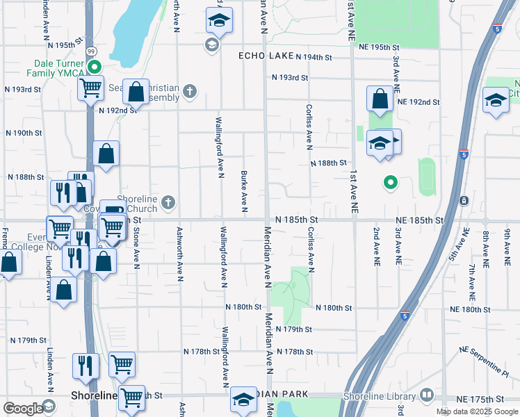 map of restaurants, bars, coffee shops, grocery stores, and more near 1851 North 185th Street in Shoreline