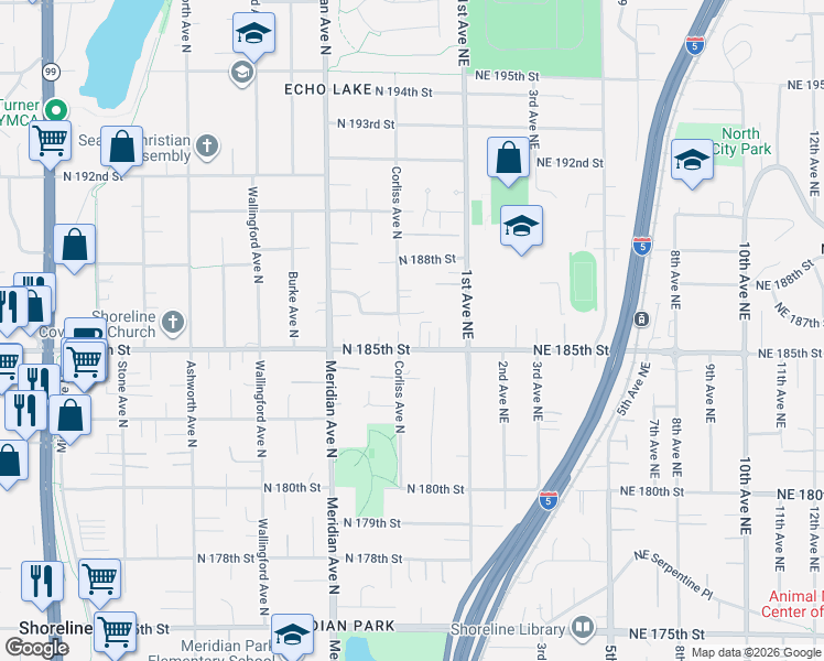 map of restaurants, bars, coffee shops, grocery stores, and more near 2310 North 185th Street in Shoreline