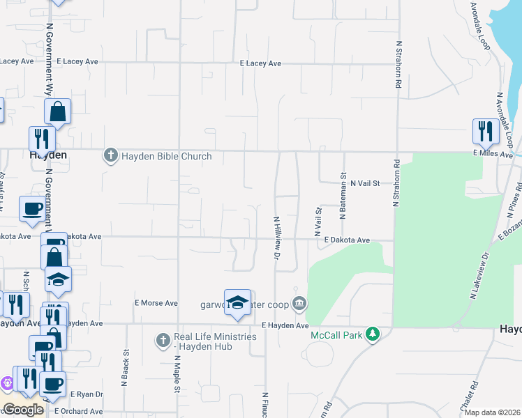 map of restaurants, bars, coffee shops, grocery stores, and more near 10218 North Walker Street in Hayden