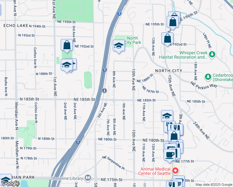 map of restaurants, bars, coffee shops, grocery stores, and more near 18516 8th Avenue Northeast in Shoreline