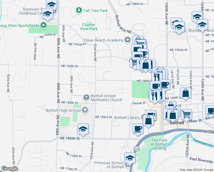 map of restaurants, bars, coffee shops, grocery stores, and more near 9314 Northeast 188th Street in Bothell