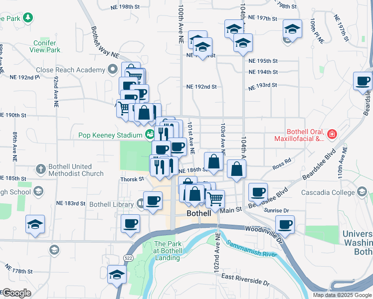 map of restaurants, bars, coffee shops, grocery stores, and more near 18807 101st Avenue Northeast in Bothell
