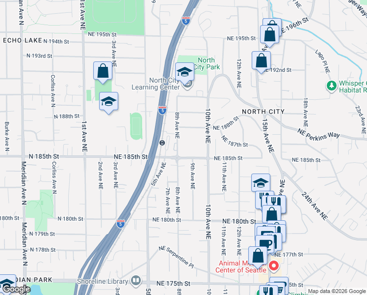 map of restaurants, bars, coffee shops, grocery stores, and more near 823 Northeast 188th Street in Shoreline