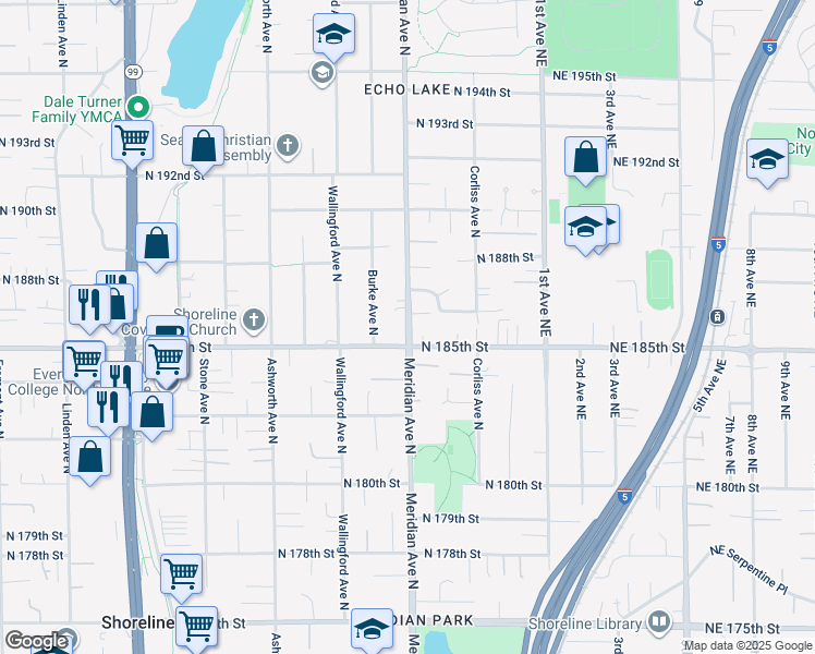 map of restaurants, bars, coffee shops, grocery stores, and more near 18539 Meridian Avenue North in Shoreline