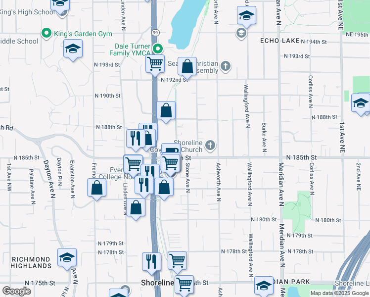 map of restaurants, bars, coffee shops, grocery stores, and more near 18531 Stone Avenue North in Shoreline