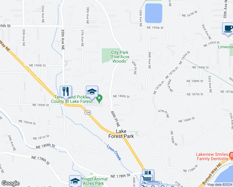 map of restaurants, bars, coffee shops, grocery stores, and more near 18609 41st Place Northeast in Lake Forest Park