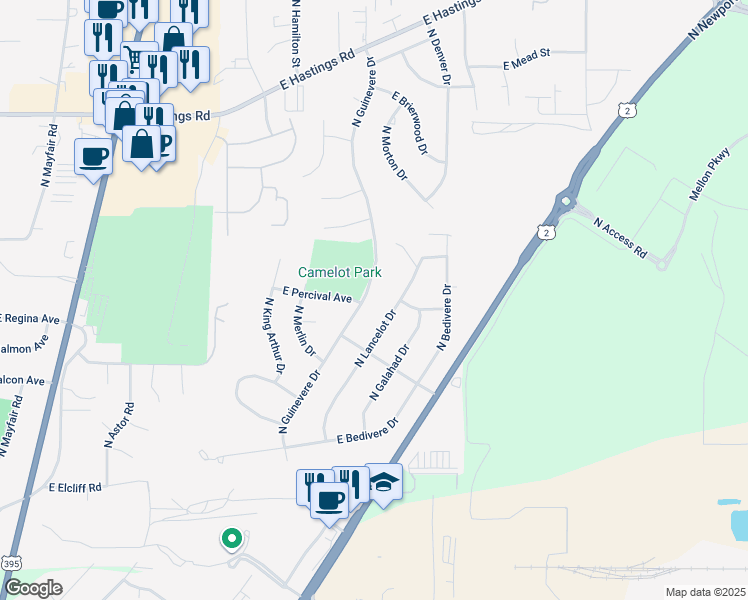 map of restaurants, bars, coffee shops, grocery stores, and more near 11726 North Guinevere Drive in Spokane