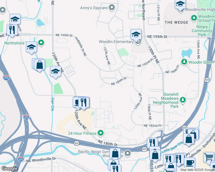 map of restaurants, bars, coffee shops, grocery stores, and more near 12609 Northeast 190th Street in Bothell