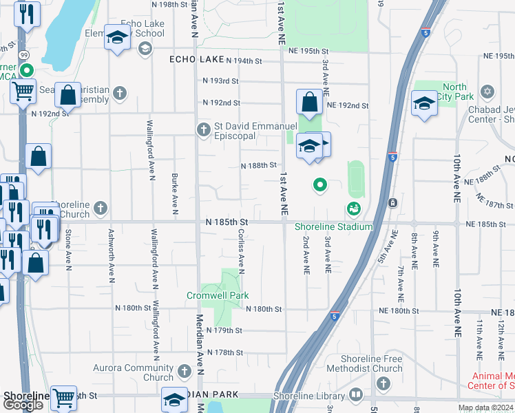 map of restaurants, bars, coffee shops, grocery stores, and more near 2332 North 186th Street in Shoreline