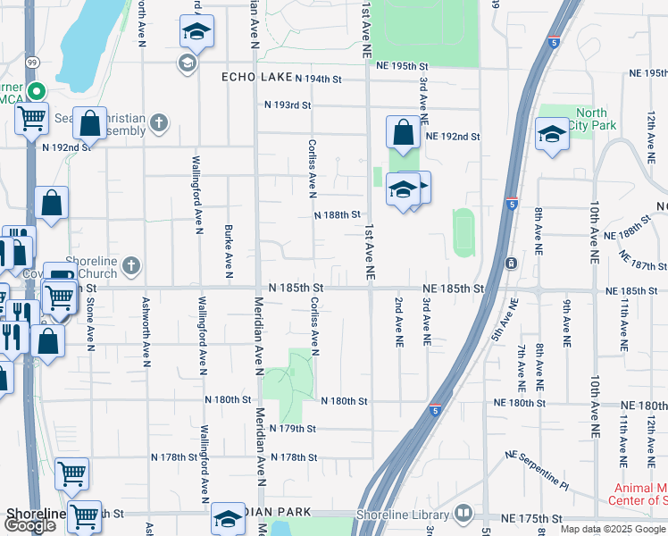 map of restaurants, bars, coffee shops, grocery stores, and more near 2332 North 186th Street in Shoreline