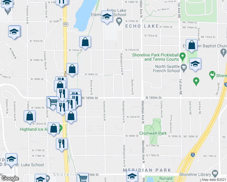 map of restaurants, bars, coffee shops, grocery stores, and more near 18541 Wallingford Avenue North in Shoreline