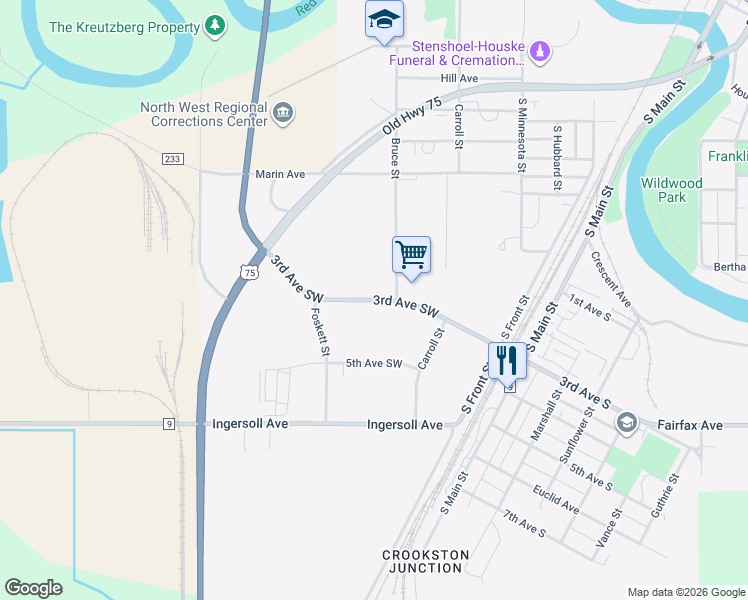 map of restaurants, bars, coffee shops, grocery stores, and more near 1200 3rd Avenue Southwest in Crookston
