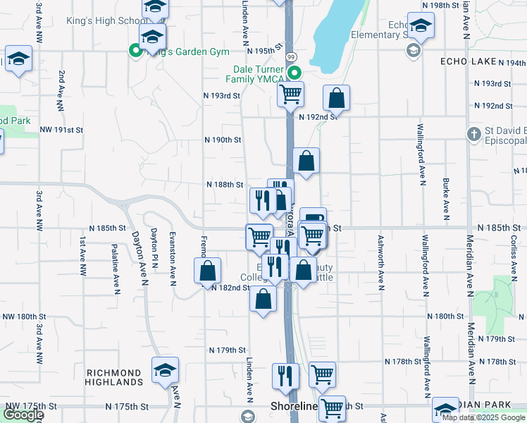map of restaurants, bars, coffee shops, grocery stores, and more near 18550 Firlands Way North in Shoreline
