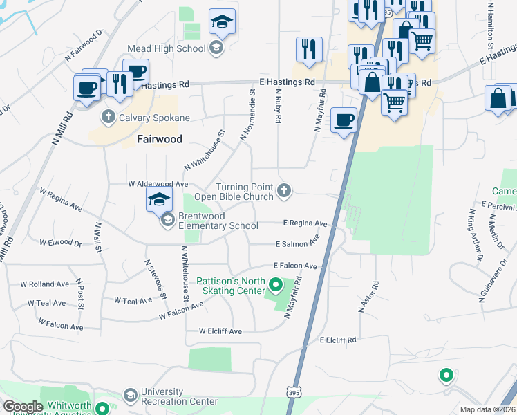 map of restaurants, bars, coffee shops, grocery stores, and more near 11804 North Atlantic Street in Spokane