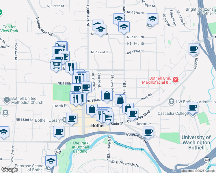 map of restaurants, bars, coffee shops, grocery stores, and more near 10295 Northeast 189th Street in Bothell