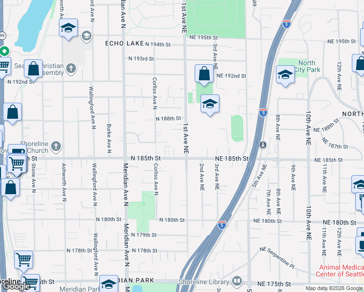 map of restaurants, bars, coffee shops, grocery stores, and more near 18560 1st Avenue Northeast in Shoreline