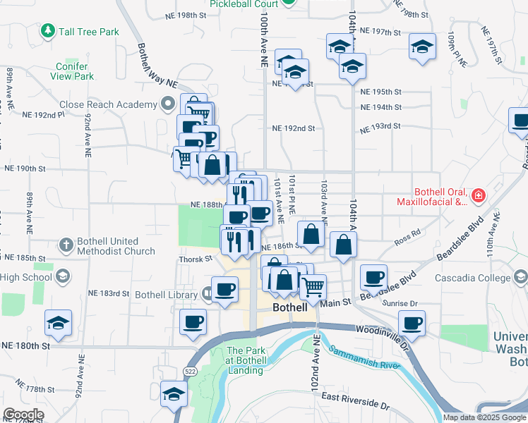 map of restaurants, bars, coffee shops, grocery stores, and more near 18805 99th Court Northeast in Bothell