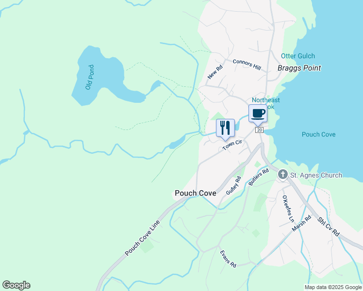 map of restaurants, bars, coffee shops, grocery stores, and more near Strugnells Marsh Road in Pouch Cove