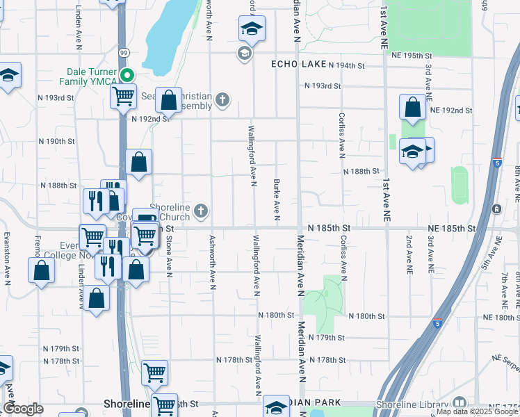map of restaurants, bars, coffee shops, grocery stores, and more near 18541 Burke Avenue North in Shoreline