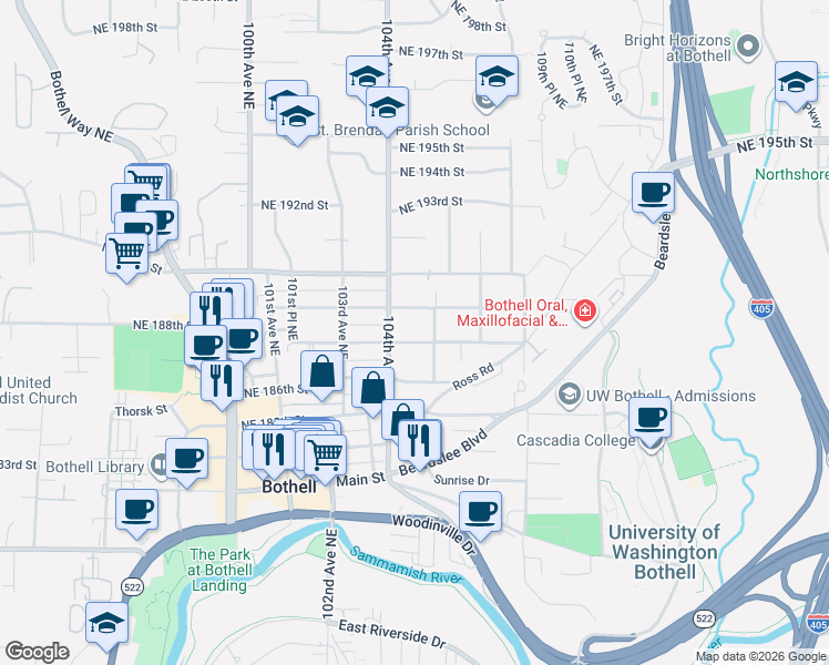 map of restaurants, bars, coffee shops, grocery stores, and more near 10425 Northeast 189th Street in Bothell