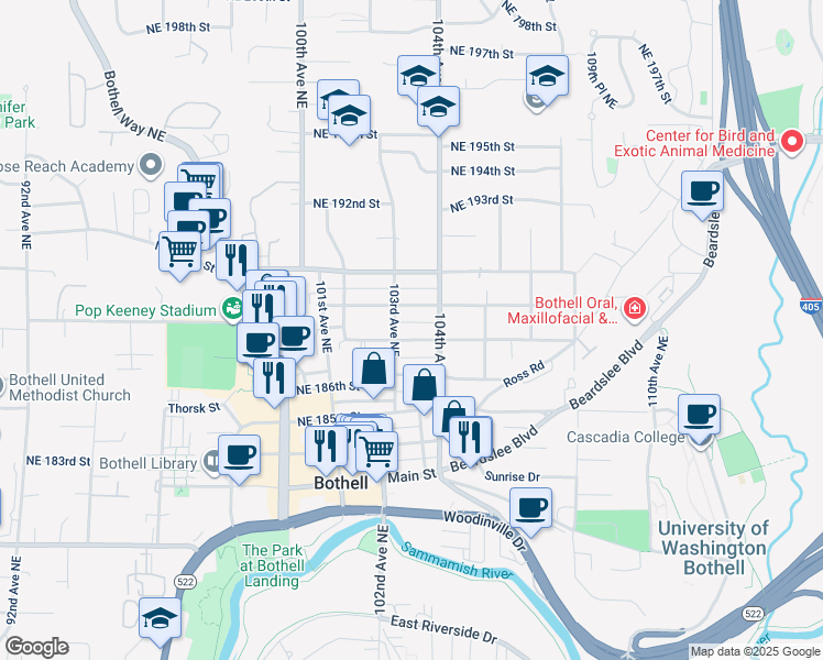 map of restaurants, bars, coffee shops, grocery stores, and more near 10325 Northeast 189th Street in Bothell