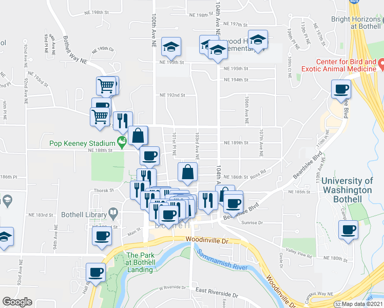 map of restaurants, bars, coffee shops, grocery stores, and more near 10295 Northeast 189th Street in Bothell