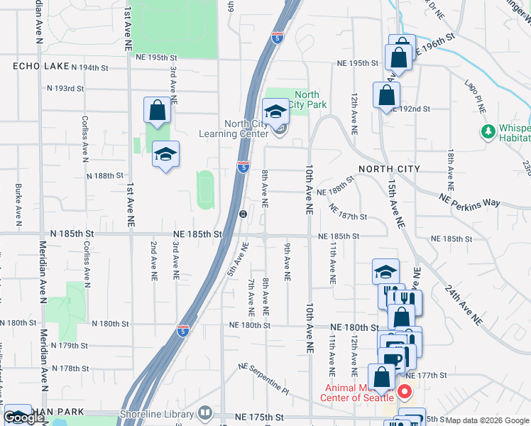 map of restaurants, bars, coffee shops, grocery stores, and more near 18547 8th Avenue Northeast in Shoreline