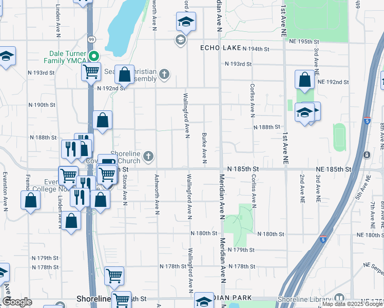map of restaurants, bars, coffee shops, grocery stores, and more near 18541 Burke Avenue North in Shoreline