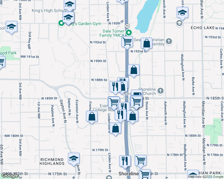 map of restaurants, bars, coffee shops, grocery stores, and more near 18550 Firlands Way North in Shoreline