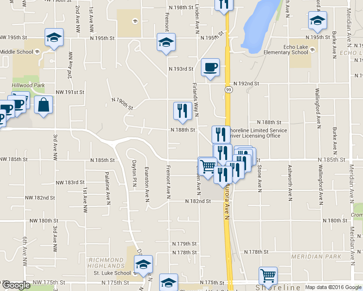 map of restaurants, bars, coffee shops, grocery stores, and more near 18546 Fremont Avenue North in Shoreline