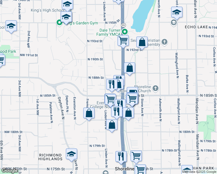 map of restaurants, bars, coffee shops, grocery stores, and more near 18550 Firlands Way North in Shoreline