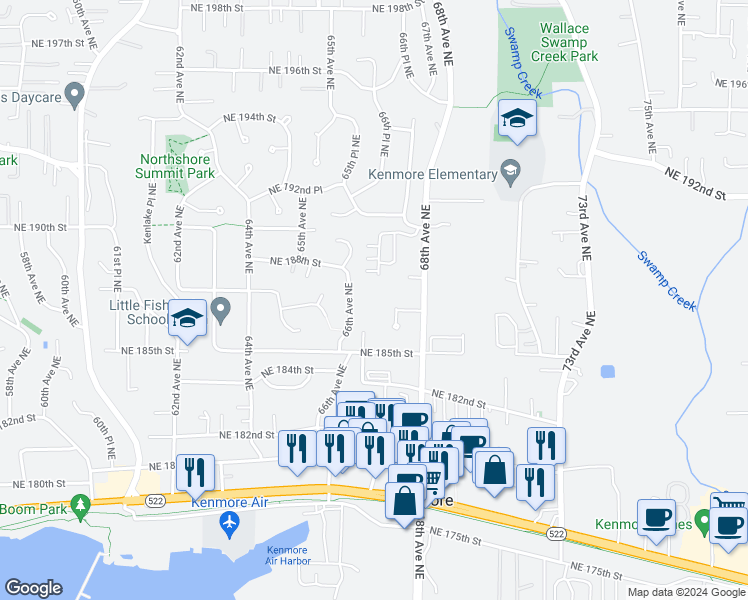 map of restaurants, bars, coffee shops, grocery stores, and more near 18518 66th Avenue Northeast in Kenmore