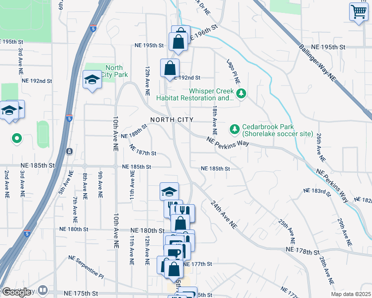 map of restaurants, bars, coffee shops, grocery stores, and more near in Shoreline
