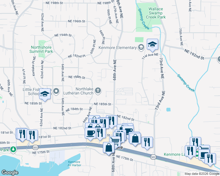 map of restaurants, bars, coffee shops, grocery stores, and more near 18725 68th Avenue Northeast in Kenmore