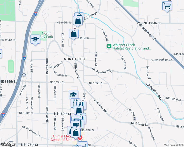 map of restaurants, bars, coffee shops, grocery stores, and more near 1615 Northeast Perkins Way in Shoreline