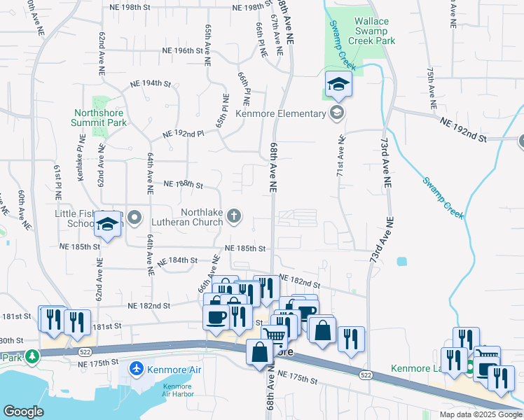 map of restaurants, bars, coffee shops, grocery stores, and more near 18725 68th Avenue Northeast in Kenmore