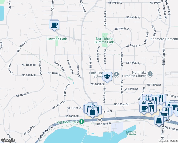 map of restaurants, bars, coffee shops, grocery stores, and more near 6116 Northeast 187th Street in Kenmore